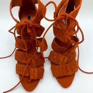 New Zara Cognac Brown Lace Up Suede Heels - Size 38 (7.5)